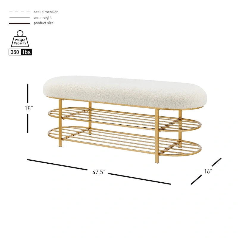 Faux Shearling Oval Bench with 2-Tier Storage Shelves and Gold Frame, Beige