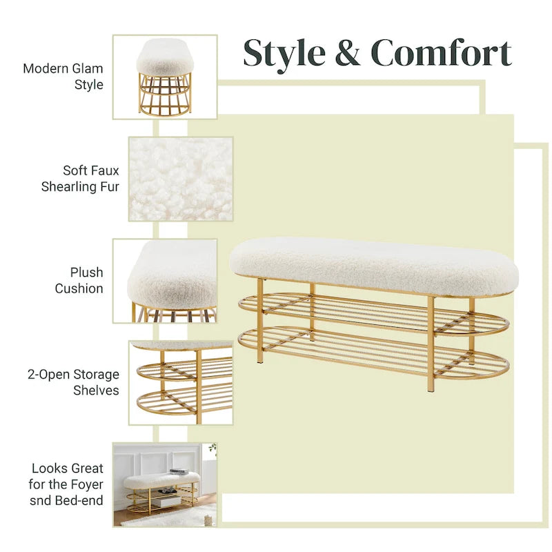 Faux Shearling Oval Bench with 2-Tier Storage Shelves and Gold Frame, Beige