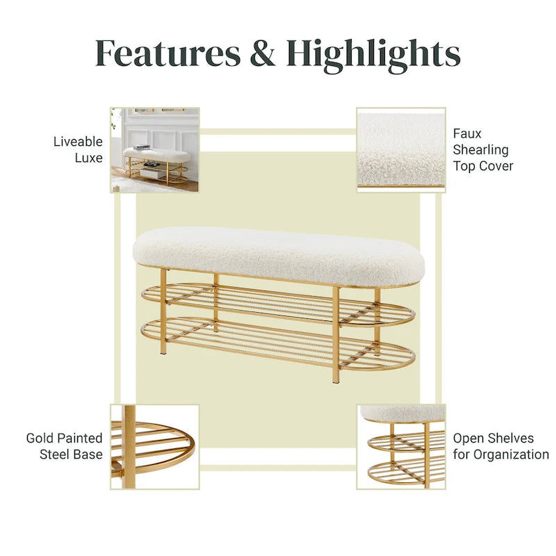 Faux Shearling Oval Bench with 2-Tier Storage Shelves and Gold Frame, Beige