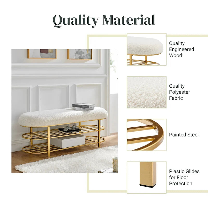 Faux Shearling Oval Bench with 2-Tier Storage Shelves and Gold Frame, Beige