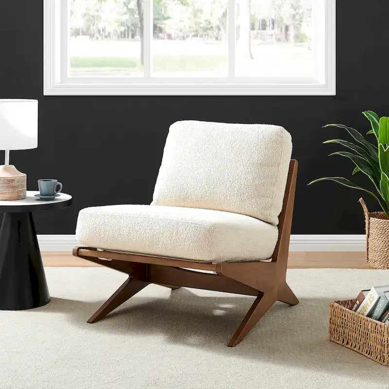 Mid-Century Modern Accent Chair with Faux Leather or Boucle Fabric, Chocolate, Beige