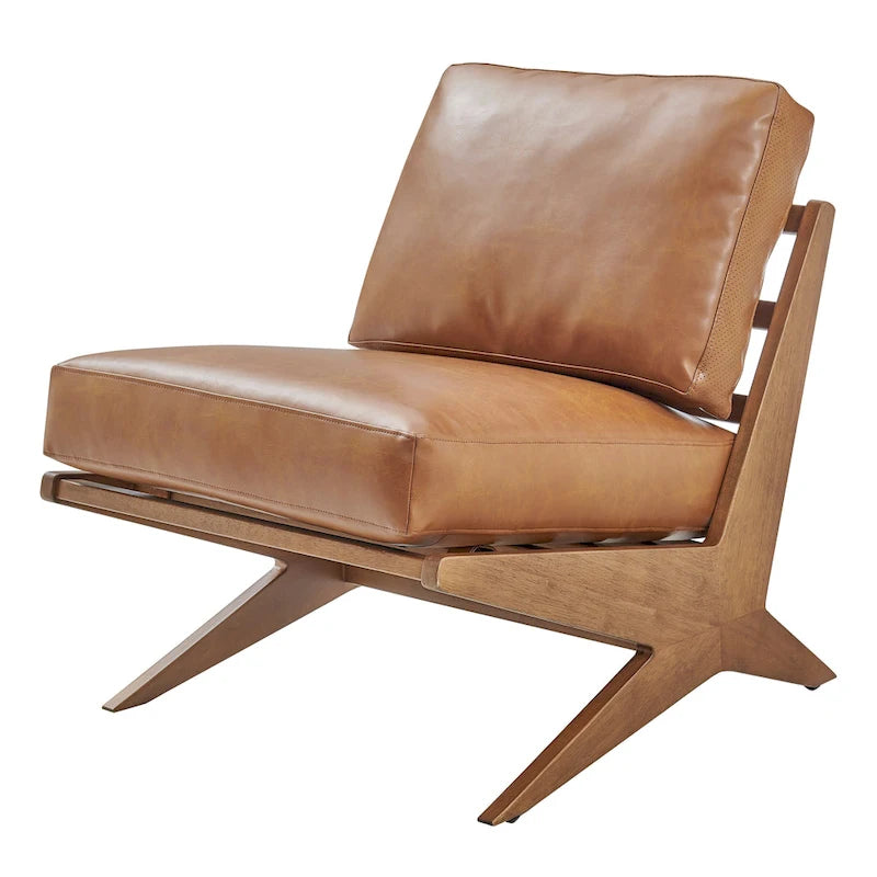 Mid-Century Modern Accent Chair with Faux Leather or Boucle Fabric, Chocolate, Beige