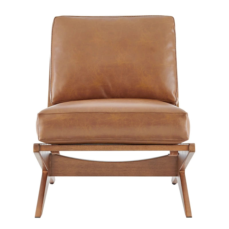 Mid-Century Modern Accent Chair with Faux Leather or Boucle Fabric, Chocolate, Beige