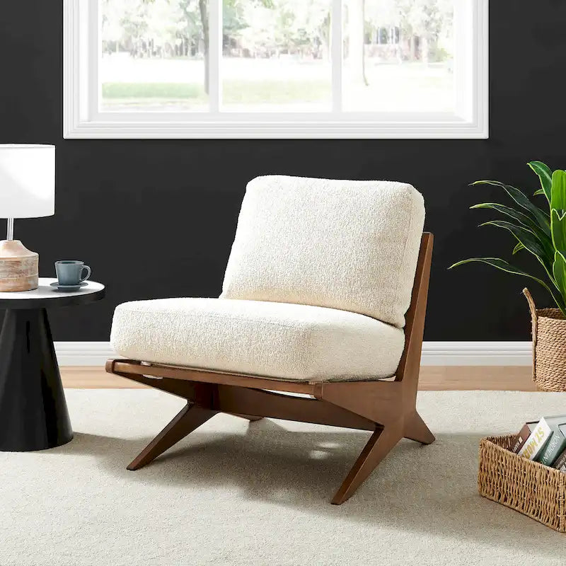 Mid-Century Modern Accent Chair with Faux Leather or Boucle Fabric, Chocolate, Beige