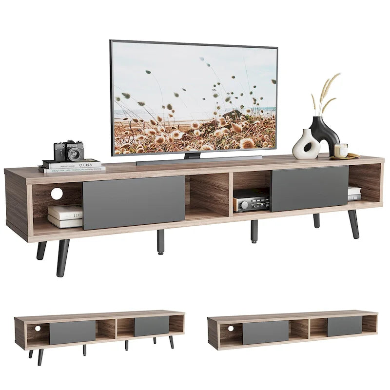70-Inch Mid-Century TV Stand with Sliding Doors and Cable Management, 6 Colors