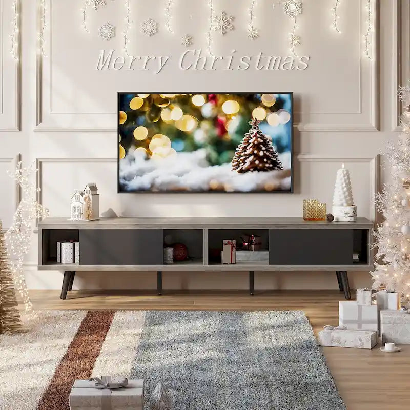 70-Inch Mid-Century TV Stand with Sliding Doors and Cable Management, 6 Colors