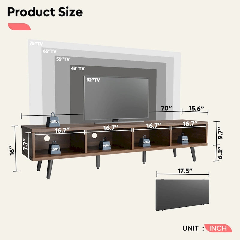 70-Inch Mid-Century TV Stand with Sliding Doors and Cable Management, 6 Colors
