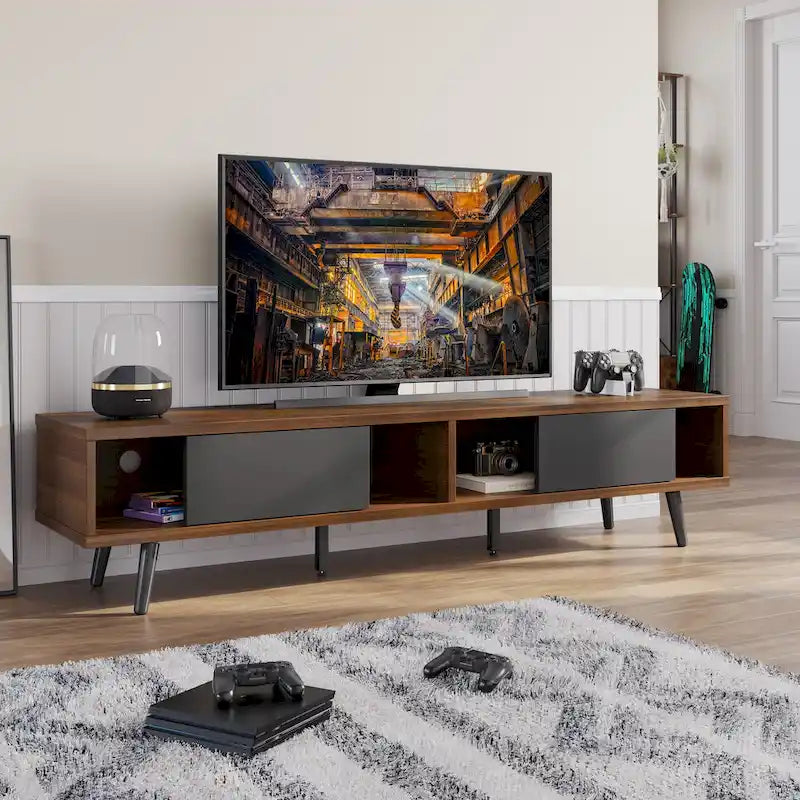 70-Inch Mid-Century TV Stand with Sliding Doors and Cable Management, 6 Colors