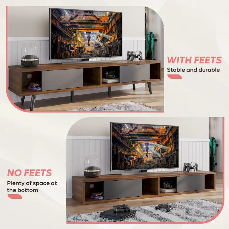 70-Inch Mid-Century TV Stand with Sliding Doors and Cable Management, 6 Colors