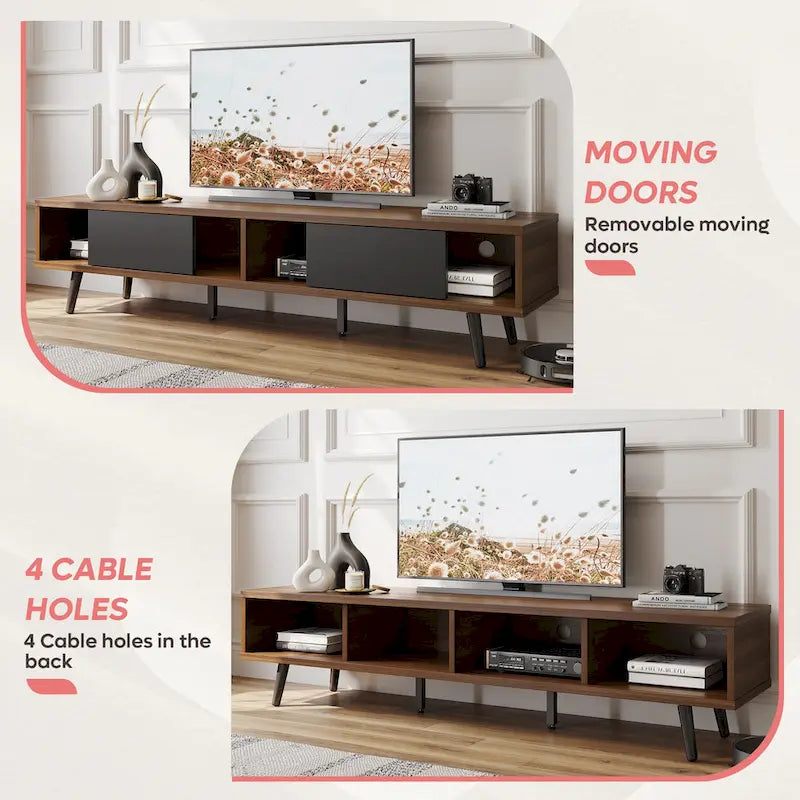 70-Inch Mid-Century TV Stand with Sliding Doors and Cable Management, 6 Colors