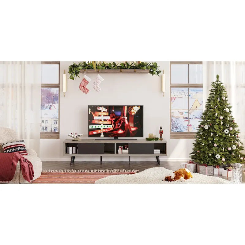 70-Inch Mid-Century TV Stand with Sliding Doors and Cable Management, 6 Colors