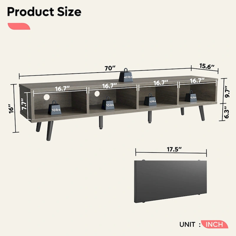 70-Inch Mid-Century TV Stand with Sliding Doors and Cable Management, 6 Colors