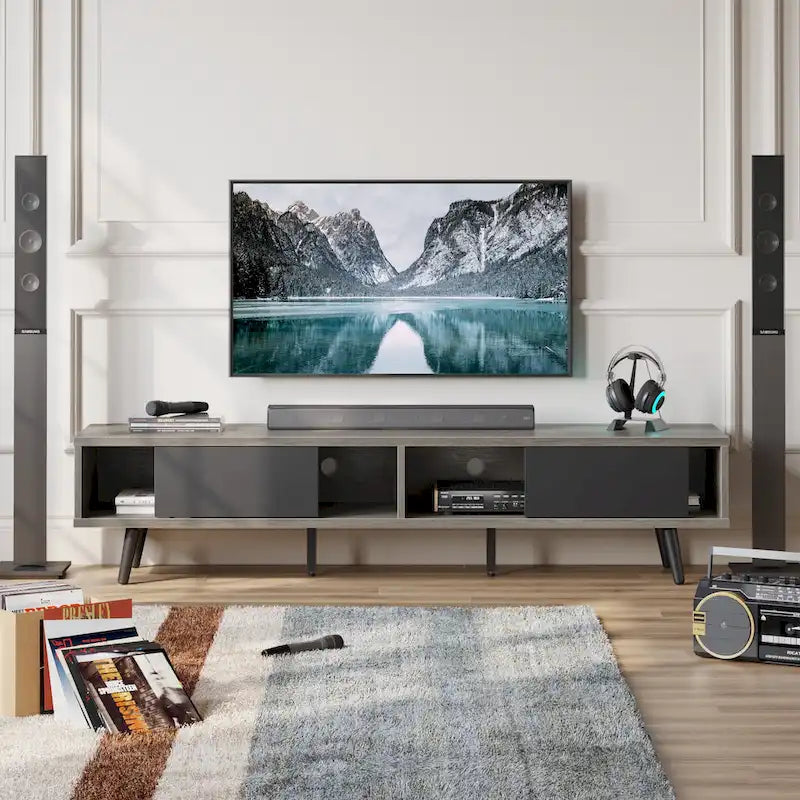 70-Inch Mid-Century TV Stand with Sliding Doors and Cable Management, 6 Colors