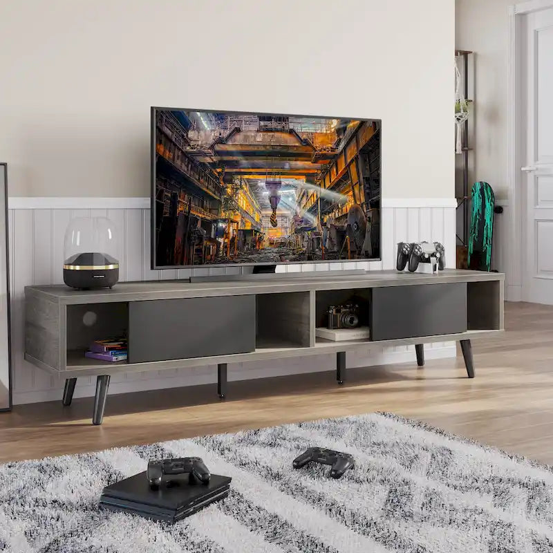 70-Inch Mid-Century TV Stand with Sliding Doors and Cable Management, 6 Colors