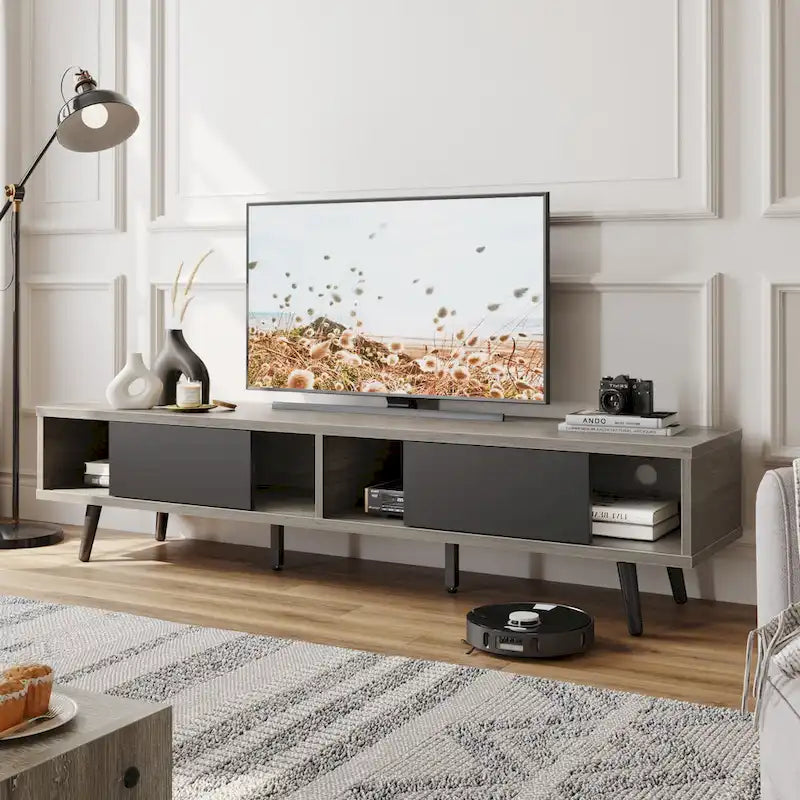 70-Inch Mid-Century TV Stand with Sliding Doors and Cable Management, 6 Colors