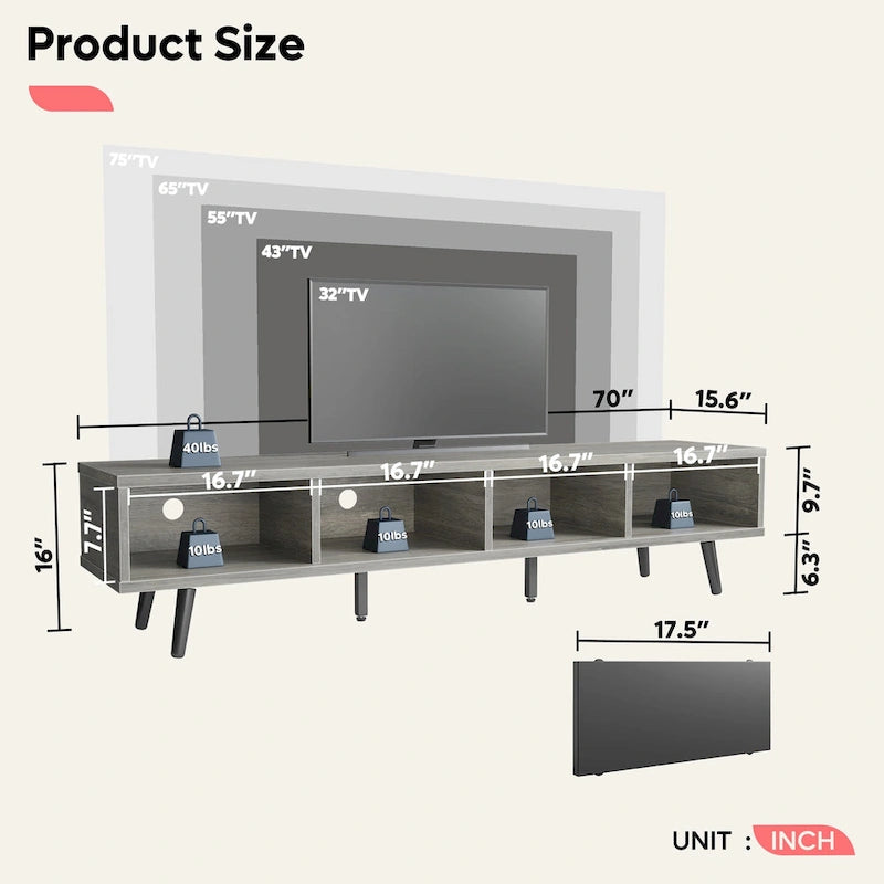 70-Inch Mid-Century TV Stand with Sliding Doors and Cable Management, 6 Colors