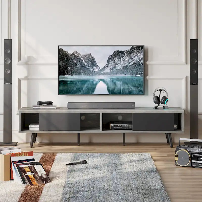 70-Inch Mid-Century TV Stand with Sliding Doors and Cable Management, 6 Colors