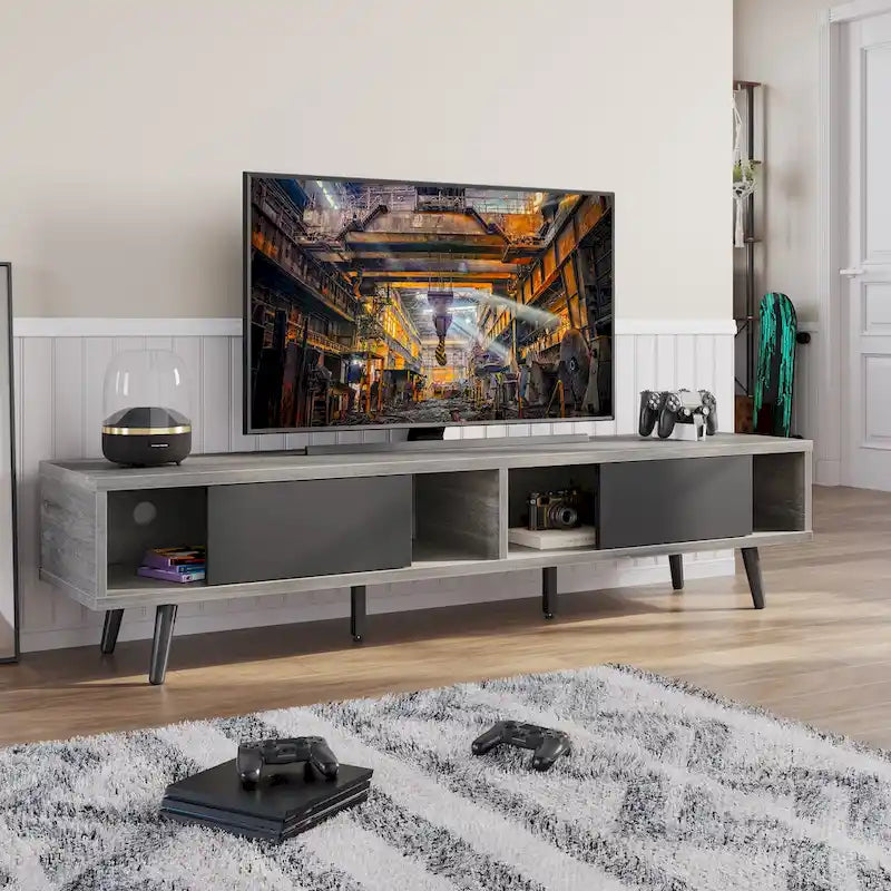 70-Inch Mid-Century TV Stand with Sliding Doors and Cable Management, 6 Colors