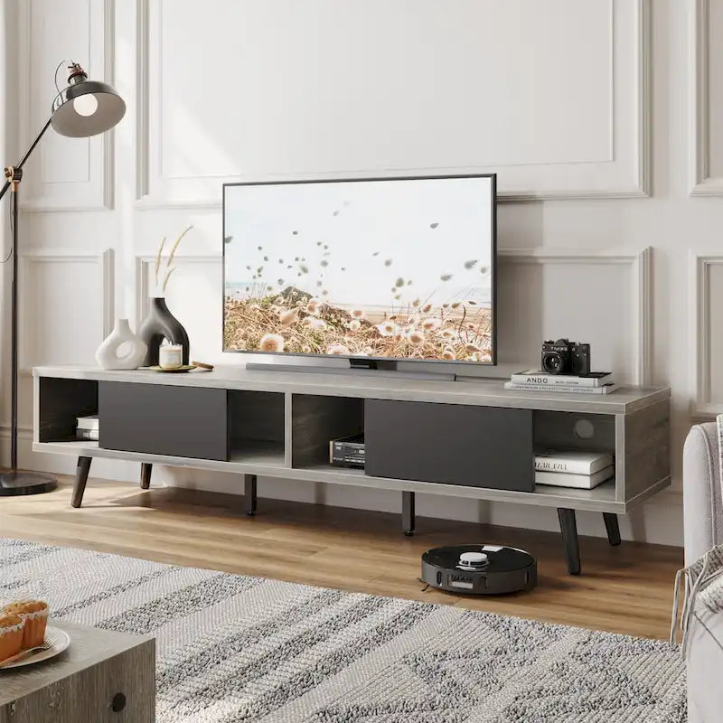 70-Inch Mid-Century TV Stand with Sliding Doors and Cable Management, 6 Colors