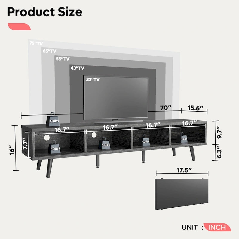 70-Inch Mid-Century TV Stand with Sliding Doors and Cable Management, 6 Colors