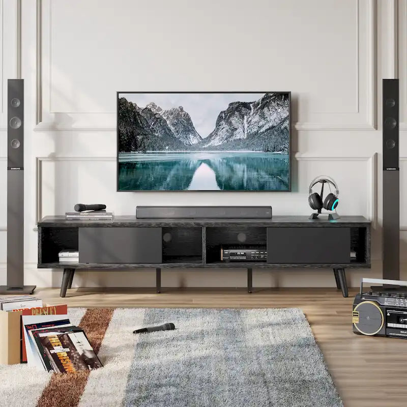 70-Inch Mid-Century TV Stand with Sliding Doors and Cable Management, 6 Colors