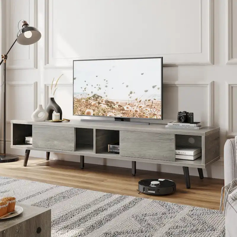 70-Inch Mid-Century TV Stand with Sliding Doors and Cable Management, 6 Colors