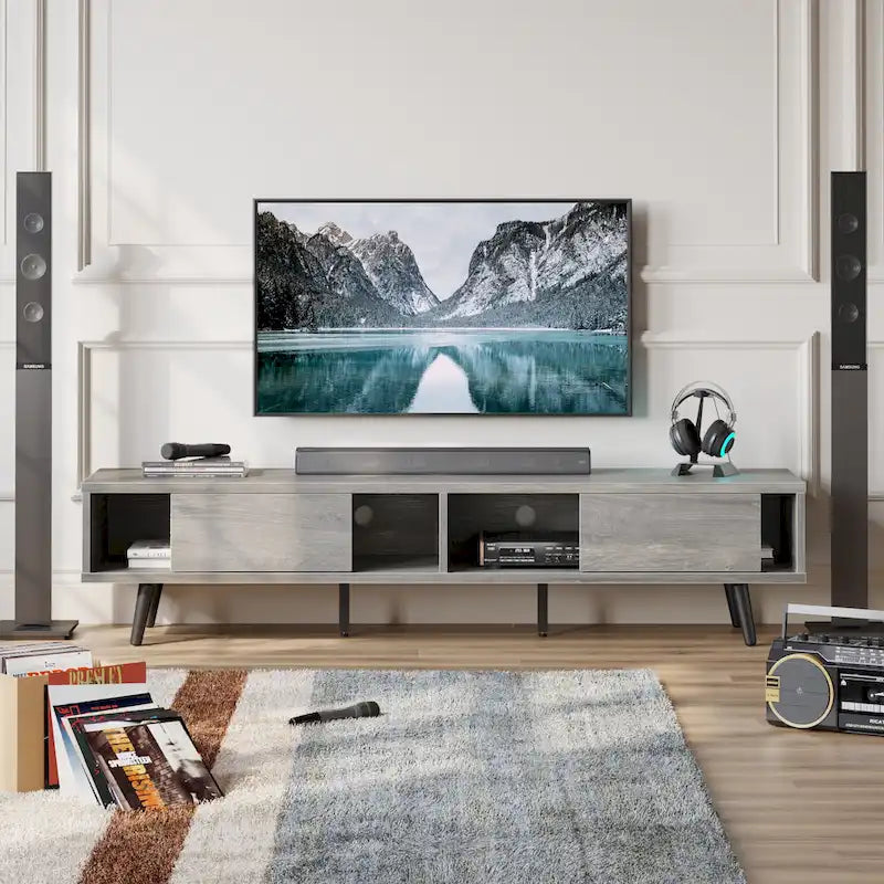 70-Inch Mid-Century TV Stand with Sliding Doors and Cable Management, 6 Colors