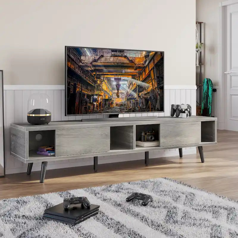 70-Inch Mid-Century TV Stand with Sliding Doors and Cable Management, 6 Colors