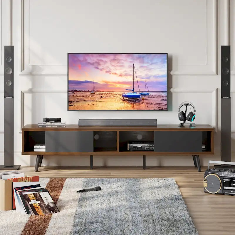 70-Inch Mid-Century TV Stand with Sliding Doors and Cable Management, 6 Colors
