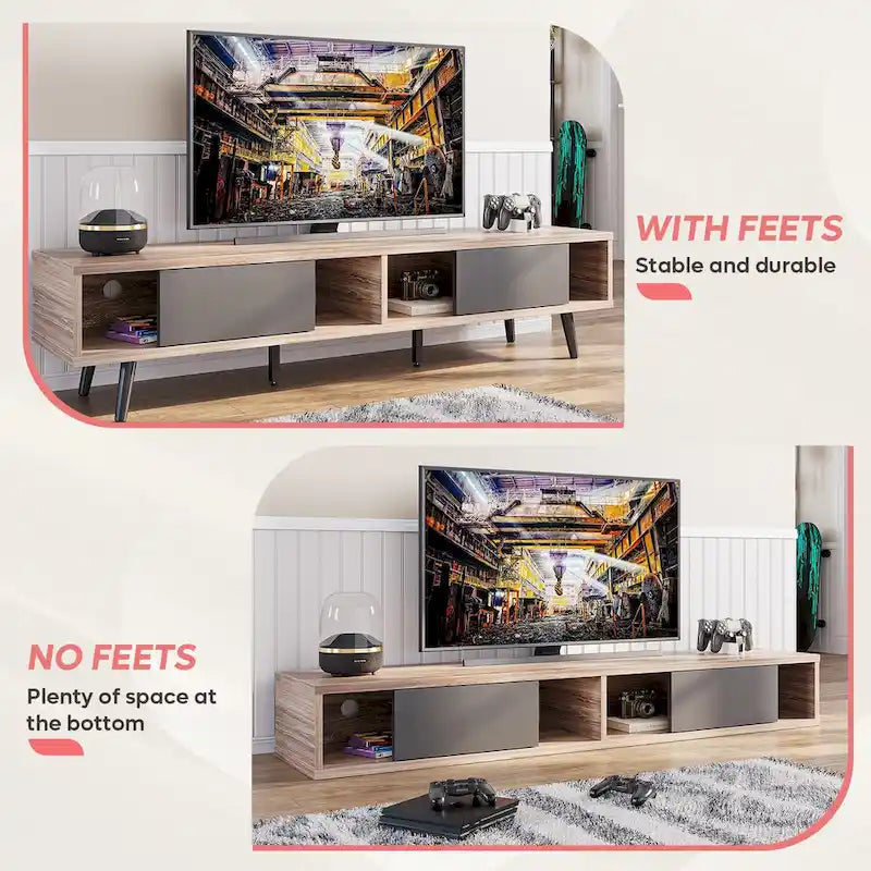 70-Inch Mid-Century TV Stand with Sliding Doors and Cable Management, 6 Colors