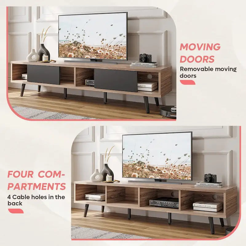 70-Inch Mid-Century TV Stand with Sliding Doors and Cable Management, 6 Colors