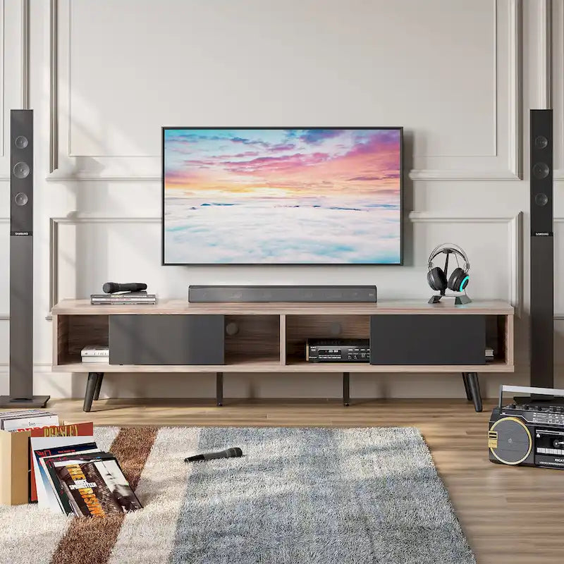 70-Inch Mid-Century TV Stand with Sliding Doors and Cable Management, 6 Colors