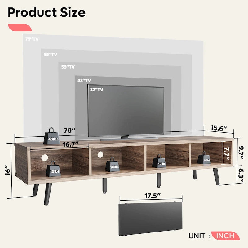 70-Inch Mid-Century TV Stand with Sliding Doors and Cable Management, 6 Colors