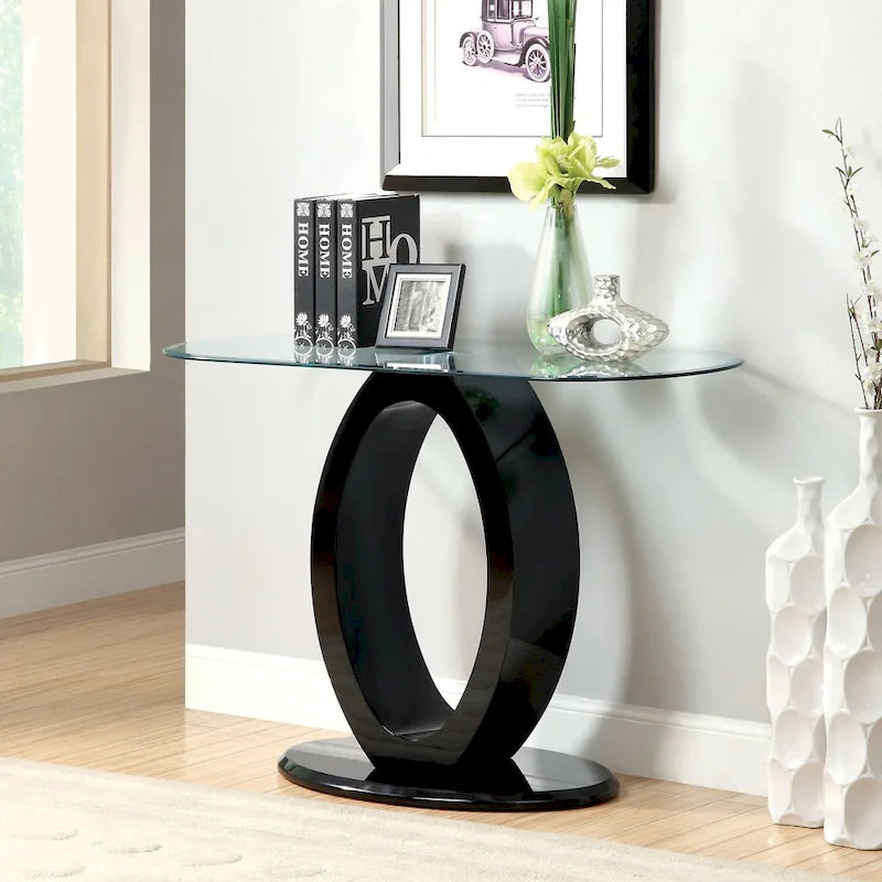 47-Inch Oval Tempered Glass Sofa Table with O-Shaped High Gloss Base, Black White