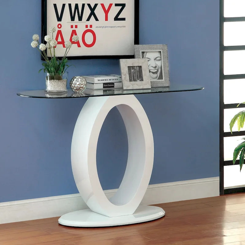 47-Inch Oval Tempered Glass Sofa Table with O-Shaped High Gloss Base, Black White