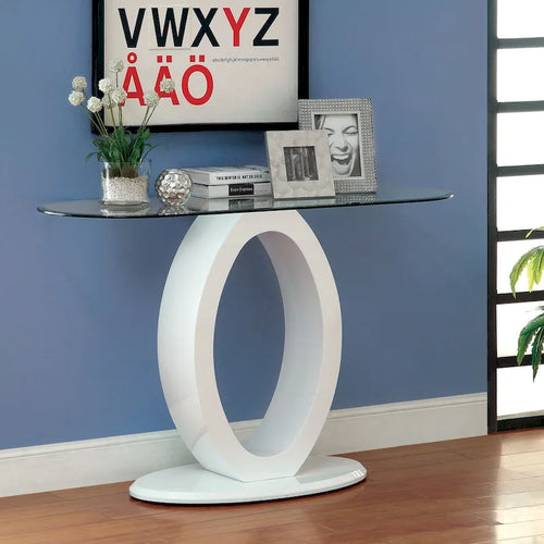 47-Inch Oval Tempered Glass Sofa Table with O-Shaped High Gloss Base, Black White