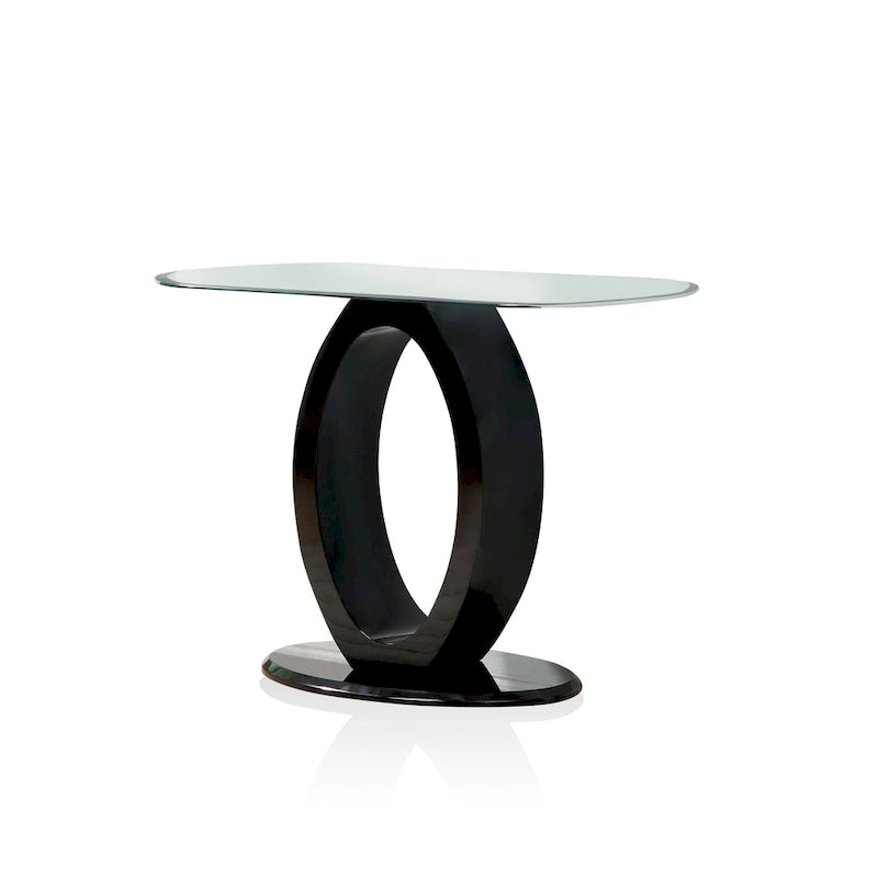 47-Inch Oval Tempered Glass Sofa Table with O-Shaped High Gloss Base, Black White