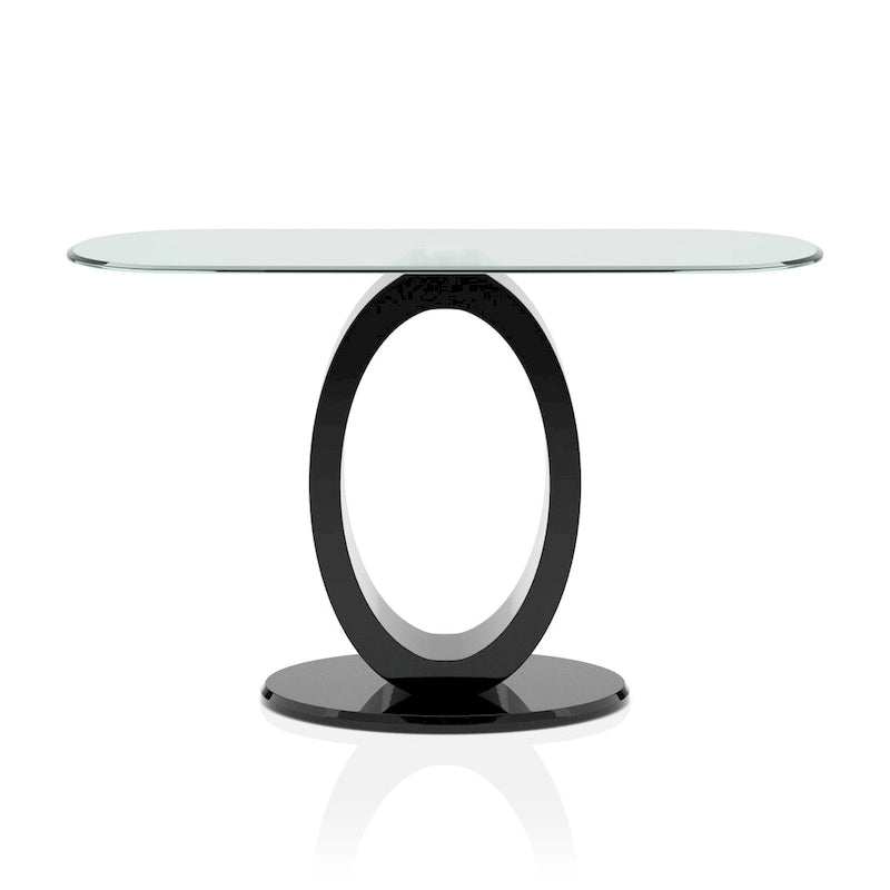 47-Inch Oval Tempered Glass Sofa Table with O-Shaped High Gloss Base, Black White
