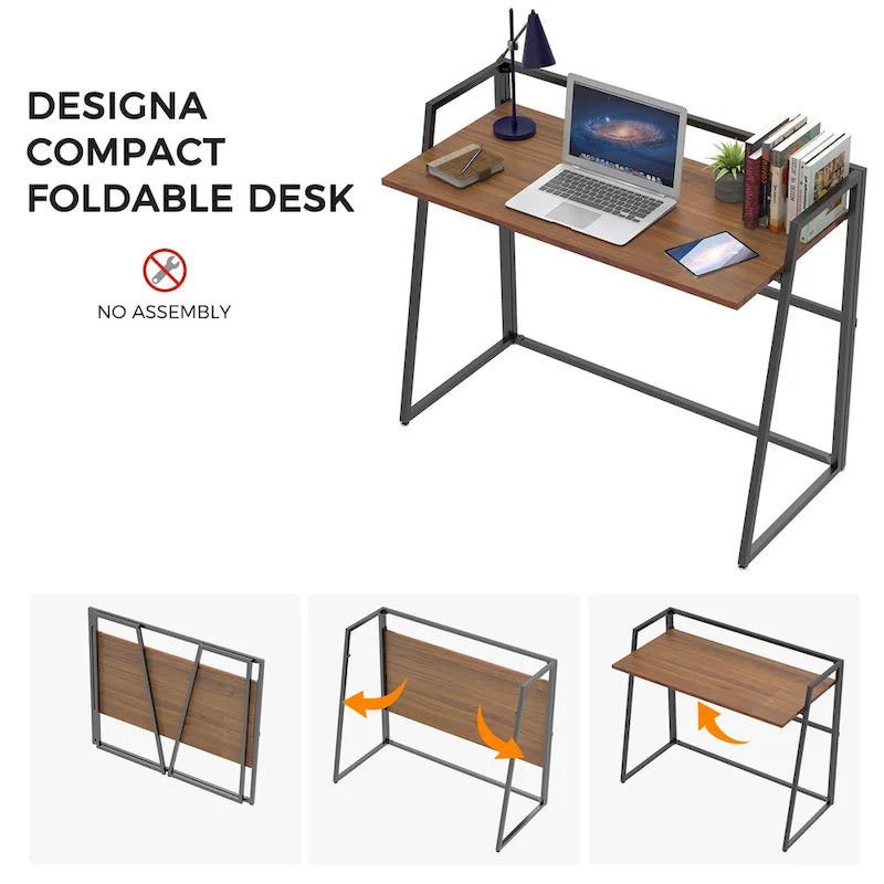 Portable Folding Computer Desk with Guardrail, Black and Brown Options