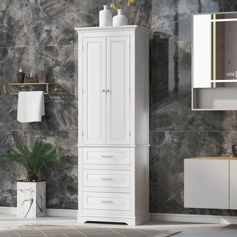 Tall Bathroom Storage Cabinet with Double-Door Upper Cabinet and 3 Drawers, White