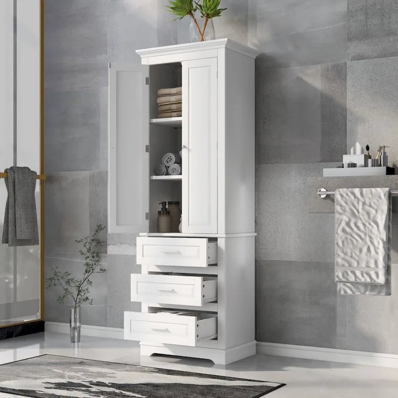 Tall Bathroom Storage Cabinet with Double-Door Upper Cabinet and 3 Drawers, White