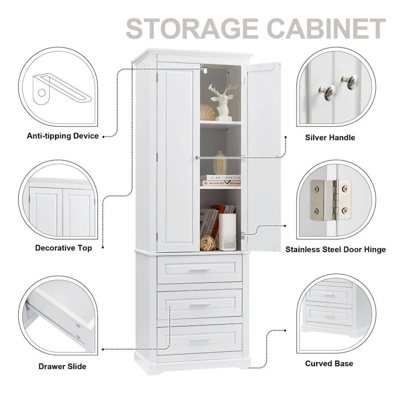Tall Bathroom Storage Cabinet with Double-Door Upper Cabinet and 3 Drawers, White