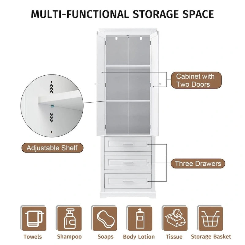 Tall Bathroom Storage Cabinet with Double-Door Upper Cabinet and 3 Drawers, White