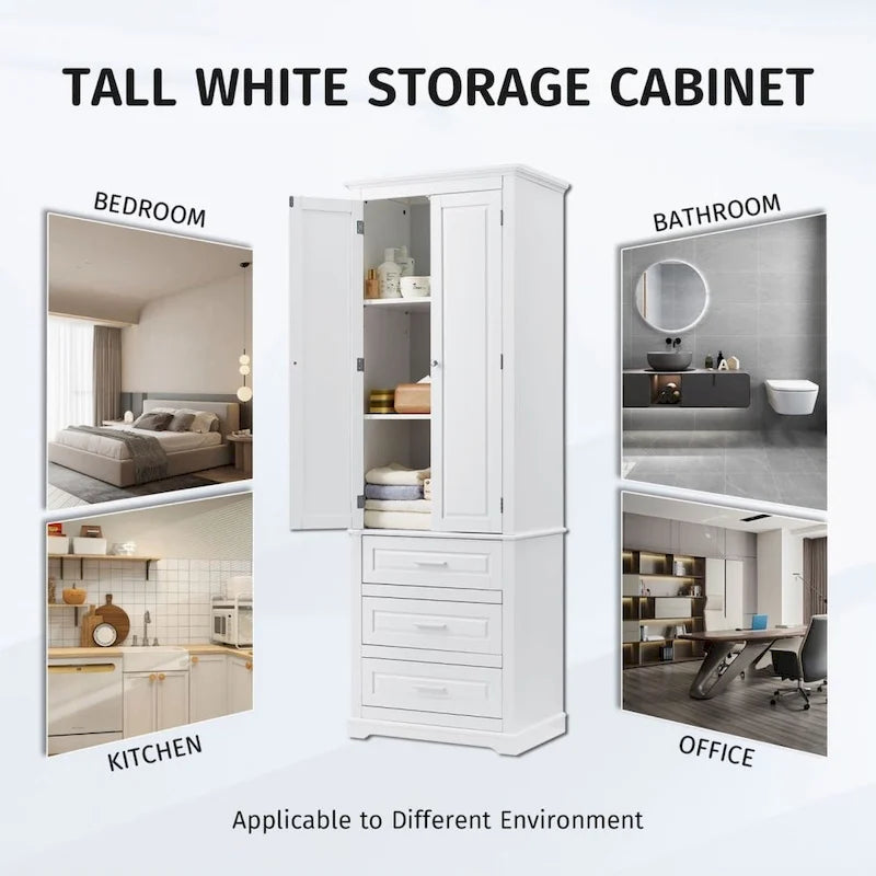 Tall Bathroom Storage Cabinet with Double-Door Upper Cabinet and 3 Drawers, White