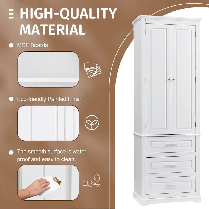 Tall Bathroom Storage Cabinet with Double-Door Upper Cabinet and 3 Drawers, White