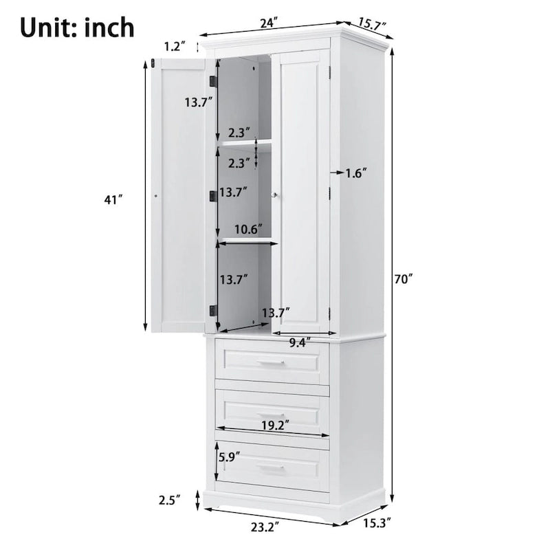 Tall Bathroom Storage Cabinet with Double-Door Upper Cabinet and 3 Drawers, White