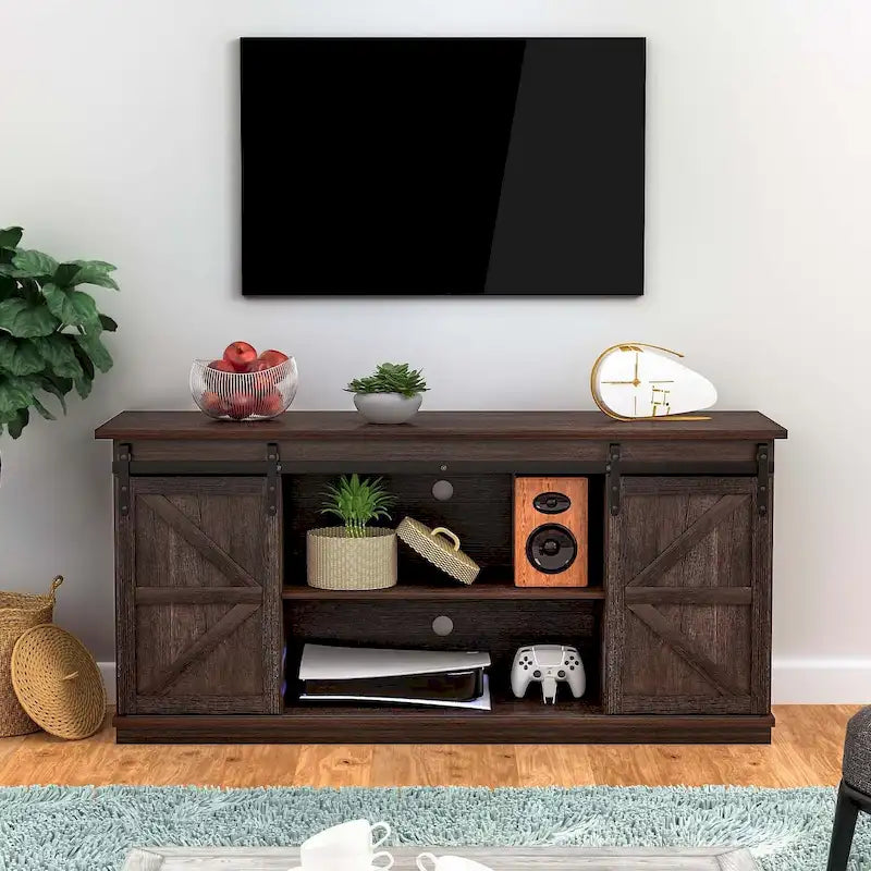 TV Stand 2 -shelf for TVs 43 up to 65. Simple living and Modern Mid-century, farmhouse barn door -easy to store something