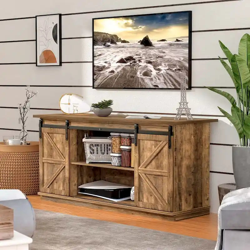 TV Stand 2 -shelf for TVs 43 up to 65. Simple living and Modern Mid-century, farmhouse barn door -easy to store something