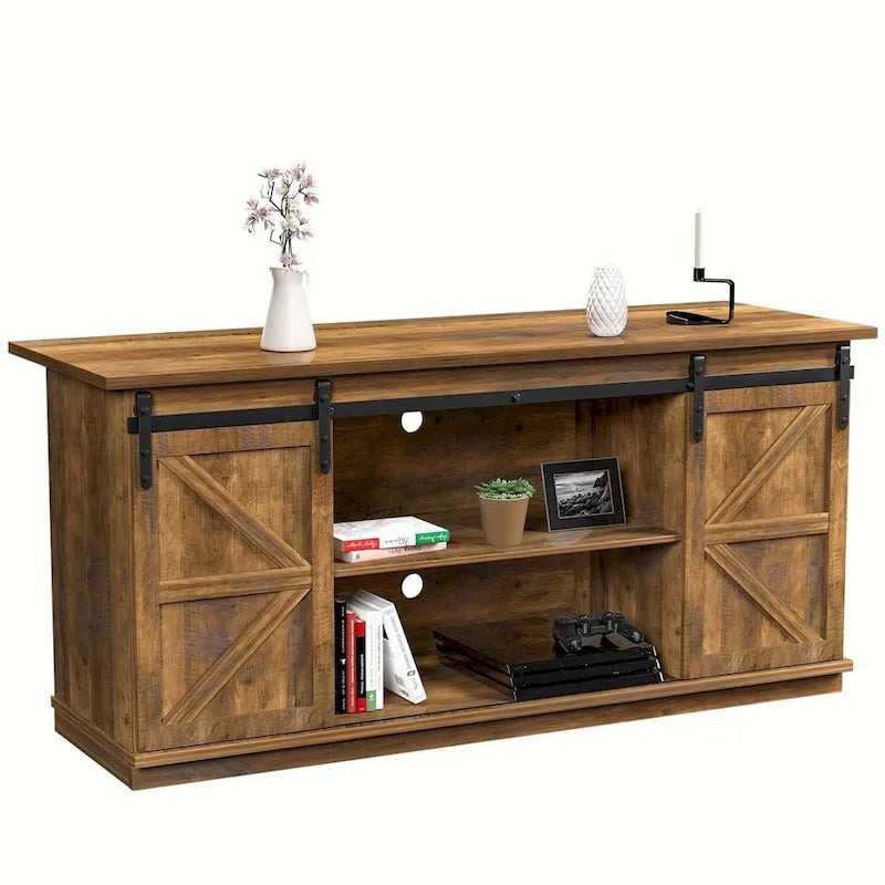 TV Stand 2 -shelf for TVs 43 up to 65. Simple living and Modern Mid-century, farmhouse barn door -easy to store something