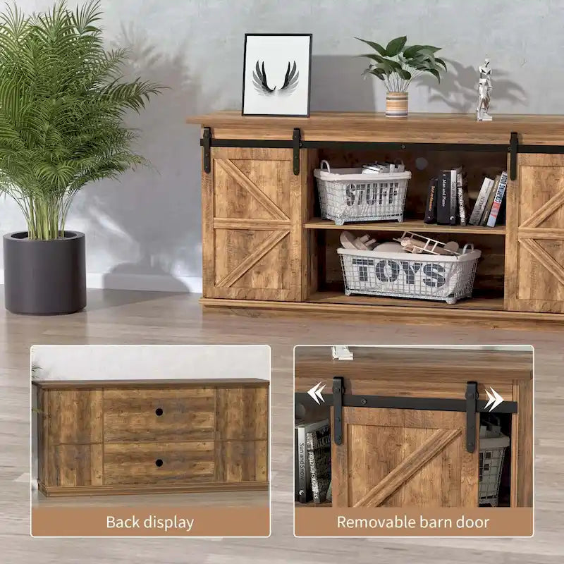 TV Stand 2 -shelf for TVs 43 up to 65. Simple living and Modern Mid-century, farmhouse barn door -easy to store something